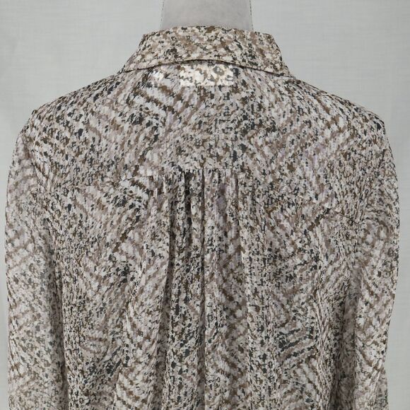 Chicos Top 2 Womens Large 12 Ivory Brown Chiffon Blouse Sheer Pleated Back - Picture 9 of 16